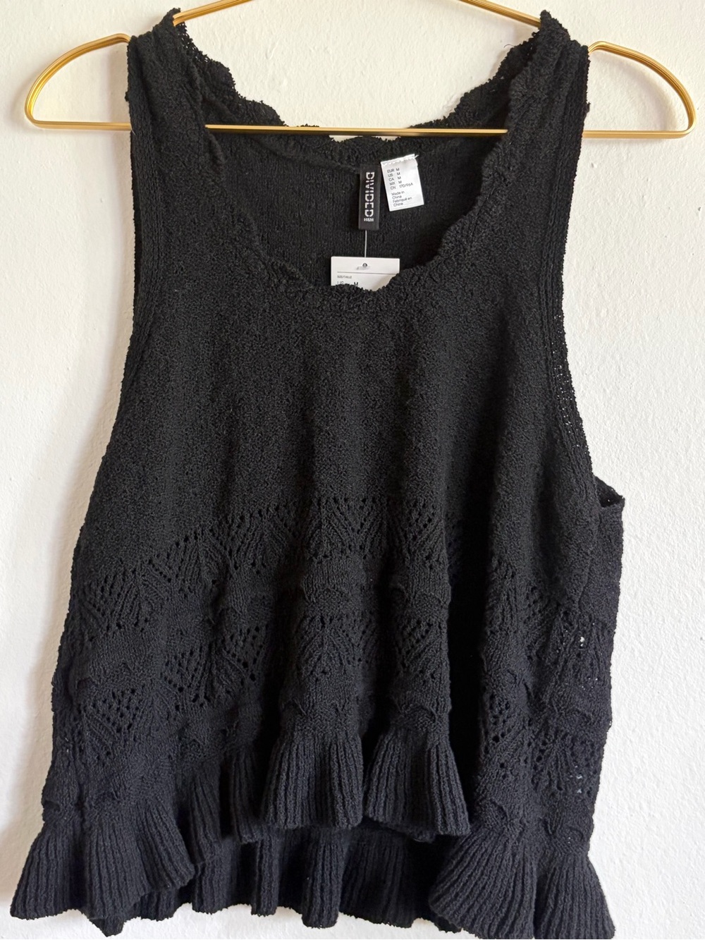 H&M Black Crochet Knit Ruffle Hem Tank